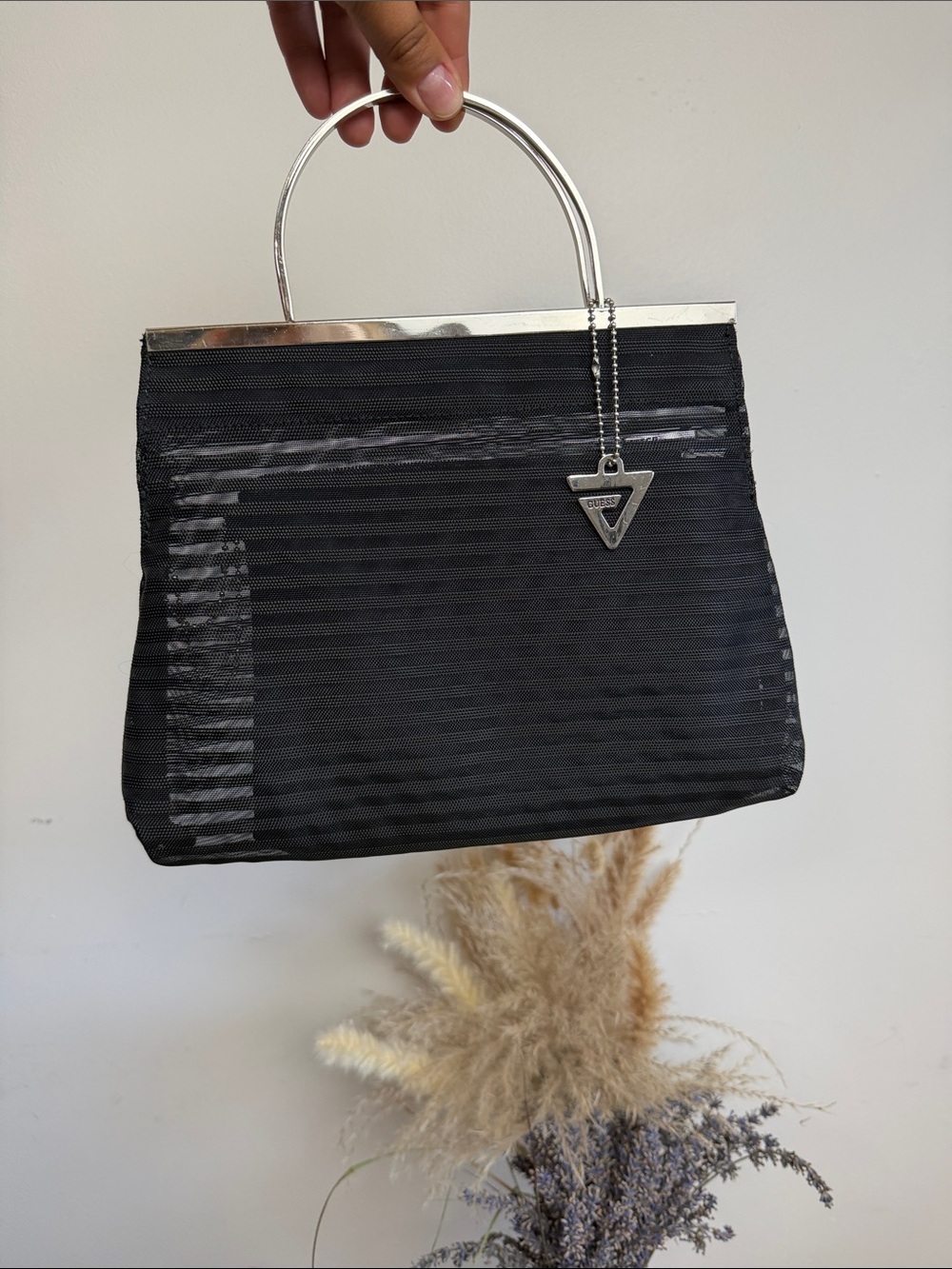 GUESS Y2K Black Mesh Metal Handle Evening Bag Clutch Purse with Removable Pouch